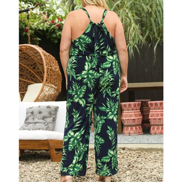 NWT Gilli Navy GreenTropical Printed Plus Size Jumpsuit  Halter Neck Boho Jumper - Picture 3 of 5
